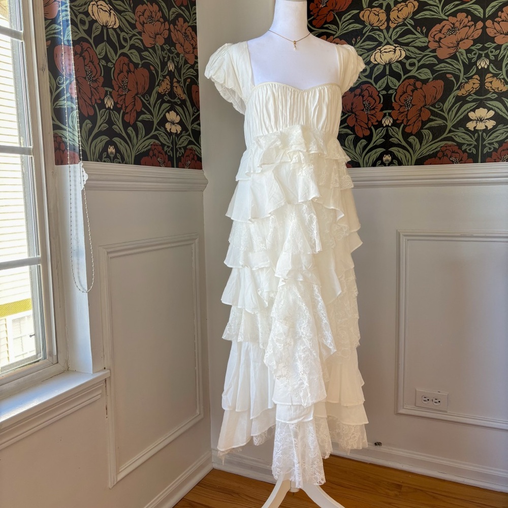 Anthropologie Ivory Lace Tiered Ruffle Midi Dress Cottagecore Boho Roma